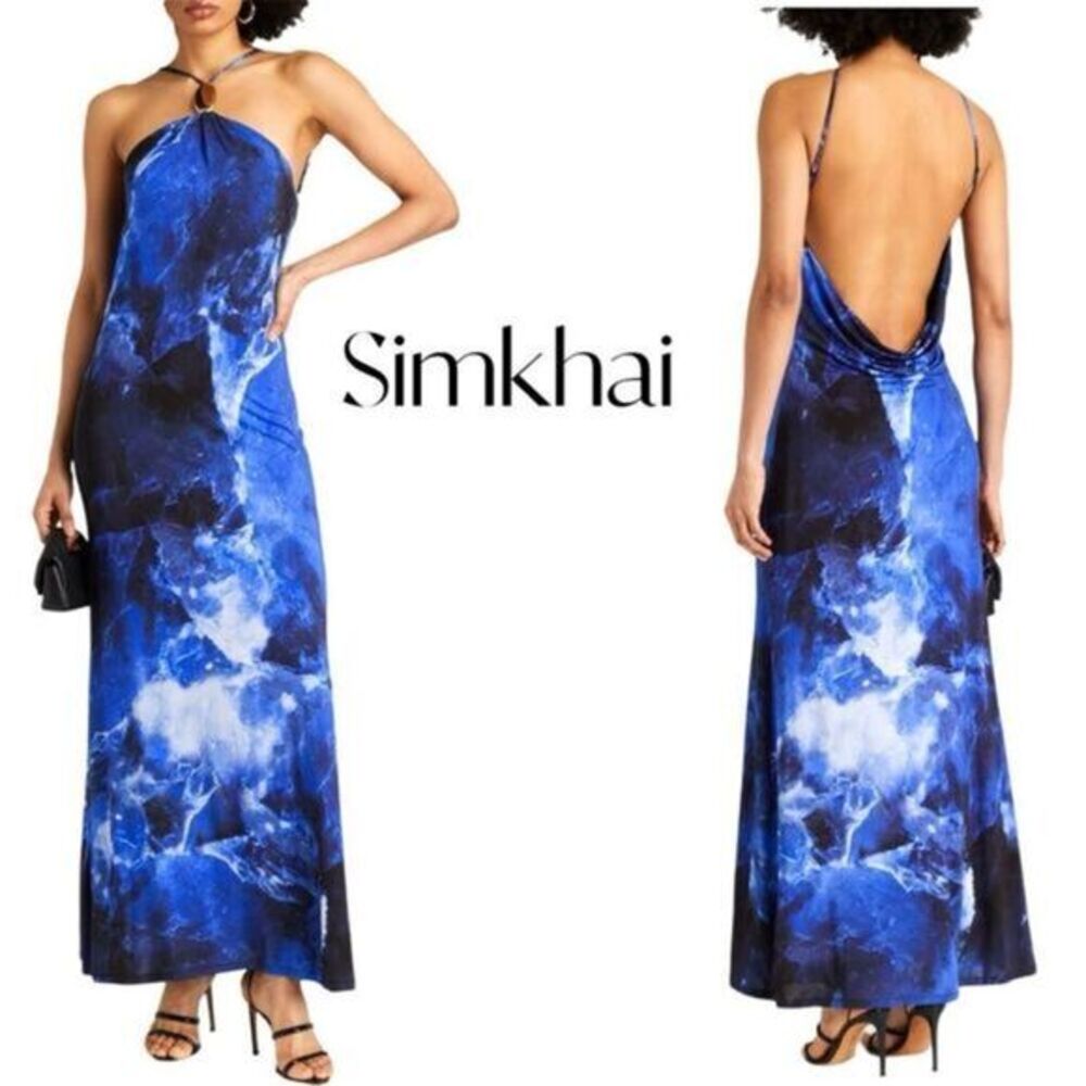 NWT Simkhai Sapphire Abstract Halter Gown – Open Back Maxi Sz M